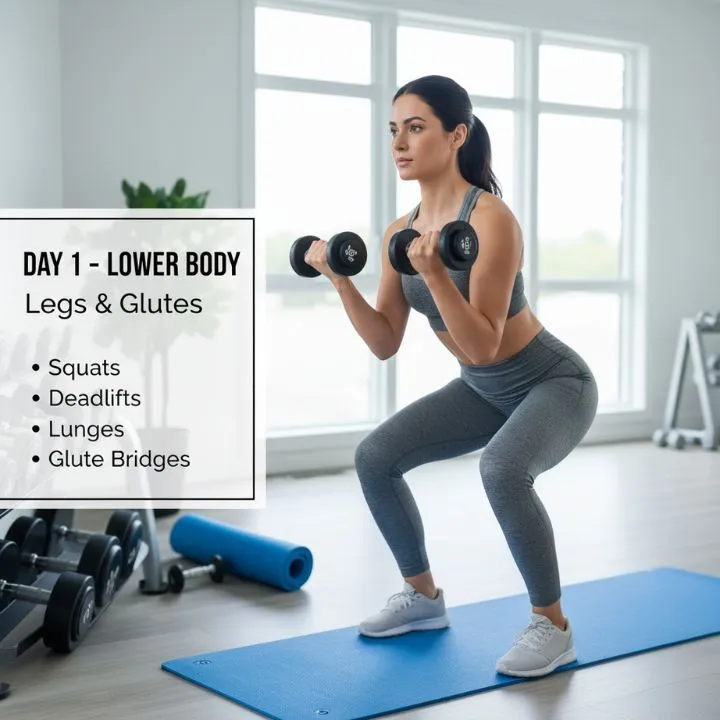 A woman performing a dumbbell squat in a bright home gym setting, illustrating a beginner-friendly lower body workout focusing on legs and glutes. The image includes text indicating a "Day 1 - Lower Body" plan with exercises like squats, deadlifts, lunges, and glute bridges.