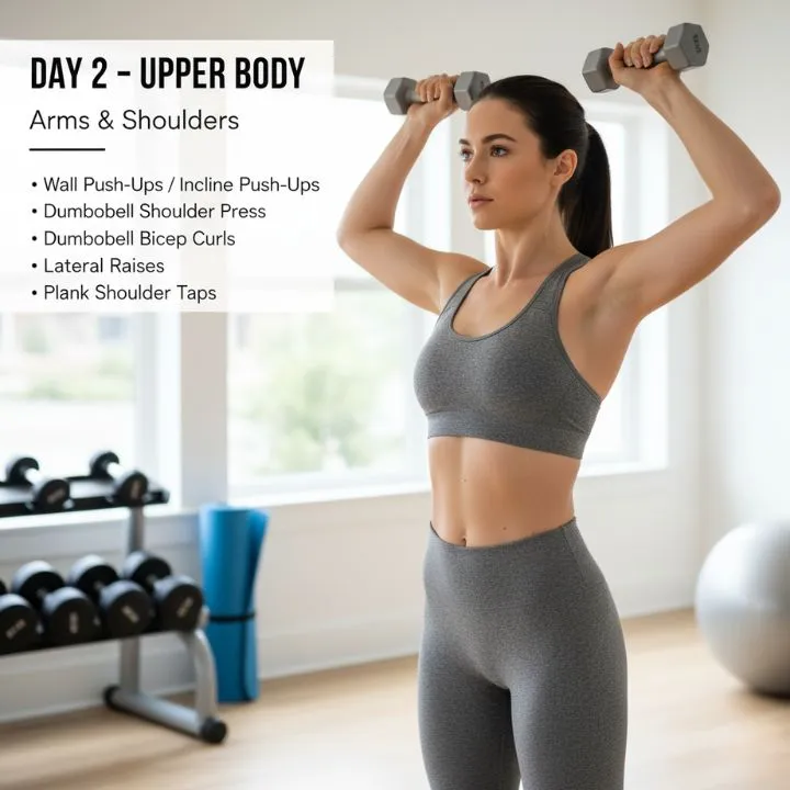 A woman performing a dumbbell shoulder press in a home gym, illustrating a beginner-friendly upper body workout targeting arms and shoulders. The image includes text indicating a "Day 2 - Upper Body" plan with exercises like push-ups, dumbbell shoulder press, bicep curls, lateral raises, and plank shoulder taps.