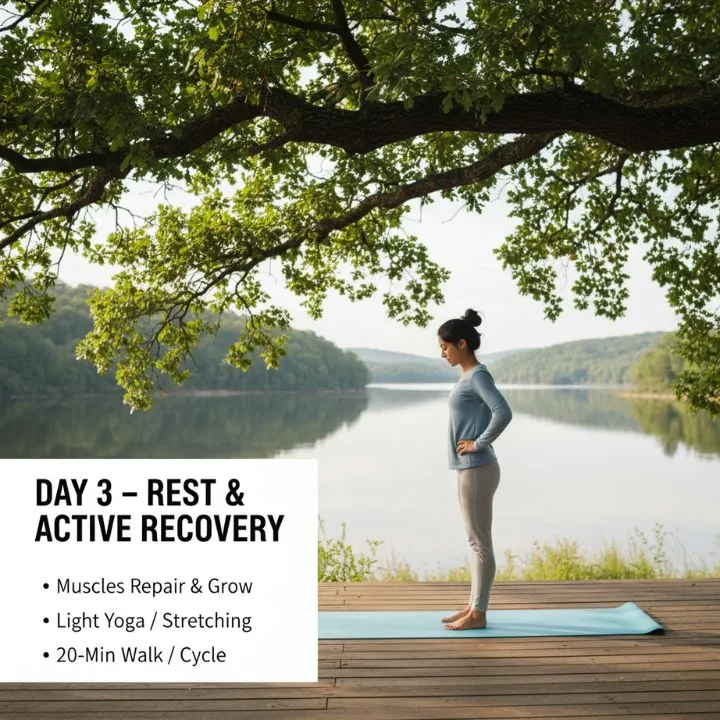 A woman gently stretching outdoors on a yoga mat by a serene lake, under a large tree. The image represents a rest and active recovery day for a beginner workout routine, highlighting the importance of light yoga, stretching, or gentle cardio for muscle repair and flexibility.