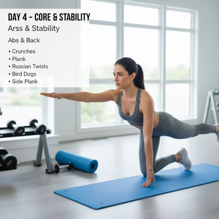 A woman performing a Bird Dog exercise on a yoga mat in a home gym, demonstrating core engagement and stability. The image includes text indicating a "Day 4 - Core & Stability" plan with exercises like crunches, plank, Russian twists, Bird Dogs, and side plank for a beginner workout routine.