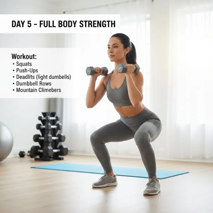 A woman performing a goblet squat with dumbbells in a bright home gym, illustrating a full-body strength workout for beginners. The image includes text indicating a "Day 5 - Full Body Strength" plan with exercises like squats, push-ups, light dumbbell deadlifts, dumbbell rows, and mountain climbers.