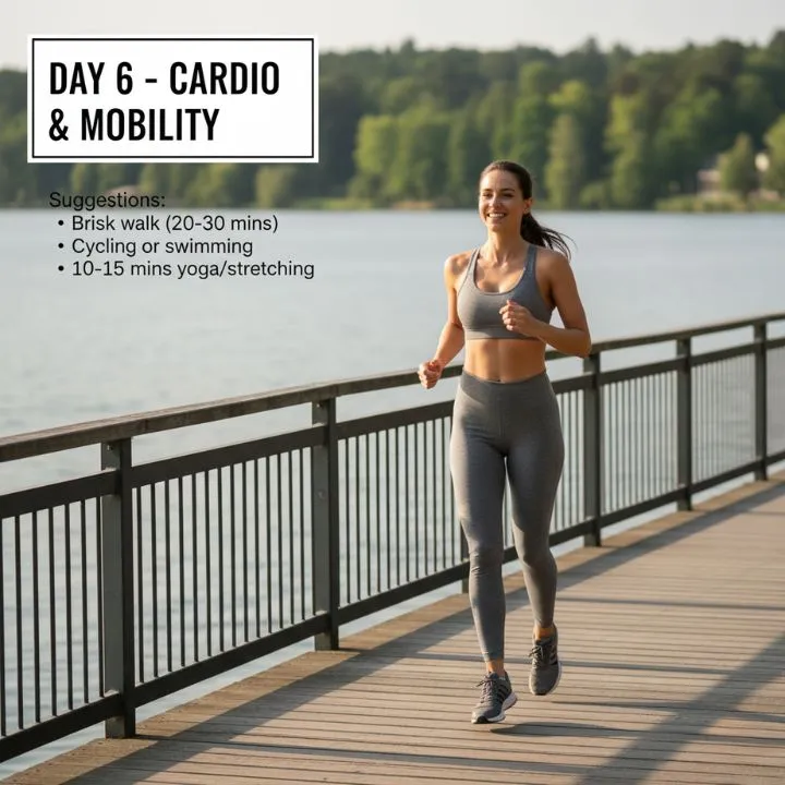 A smiling woman jogging along a lakeside boardwalk on a sunny day, representing a cardio and mobility workout for beginners. The image includes text indicating a "Day 6 - Cardio & Mobility" plan with suggestions like brisk walking, cycling, swimming, jump rope, and ending with yoga or stretching.