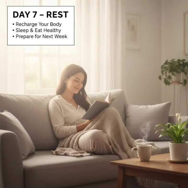 A woman comfortably relaxing on a sofa with a warm blanket, reading a book, next to a steaming mug and a plant. The image represents "Day 7 - Rest" in a beginner workout routine, emphasizing the importance of recharging the body, getting good sleep, and eating healthy to prepare for the next week.