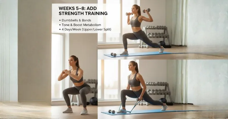 A collage of a woman performing various strength training exercises, including lunges with dumbbells, a squat, and a lunge with a resistance band. This image represents the progression in a beginner workout routine (weeks 5-8) where focus shifts to building strength using light weights and bands.
